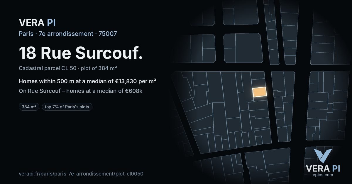 18 Rue Surcouf, 7e arrondissement at night – the plot lit, the parcels around coloured by the prices near them