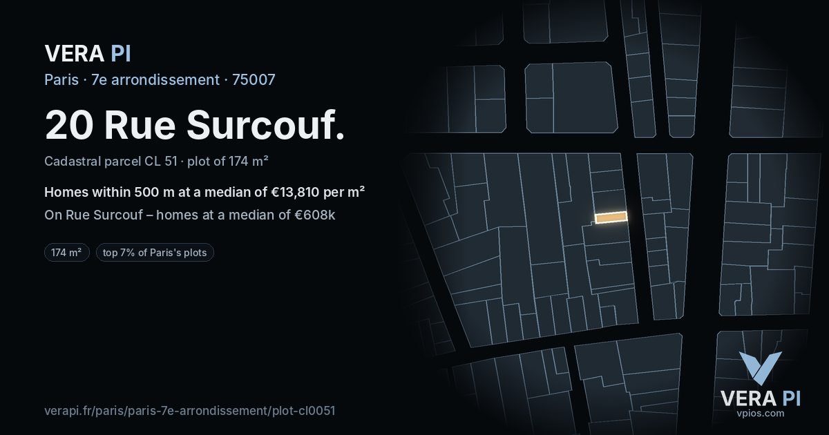 20 Rue Surcouf, 7e arrondissement at night – the plot lit, the parcels around coloured by the prices near them