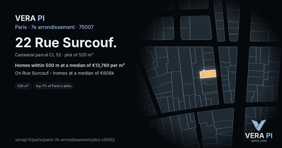 22 Rue Surcouf, 7e arrondissement at night – the plot lit, the parcels around coloured by the prices near them