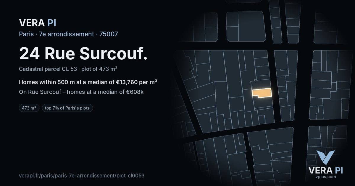 24 Rue Surcouf, 7e arrondissement at night – the plot lit, the parcels around coloured by the prices near them
