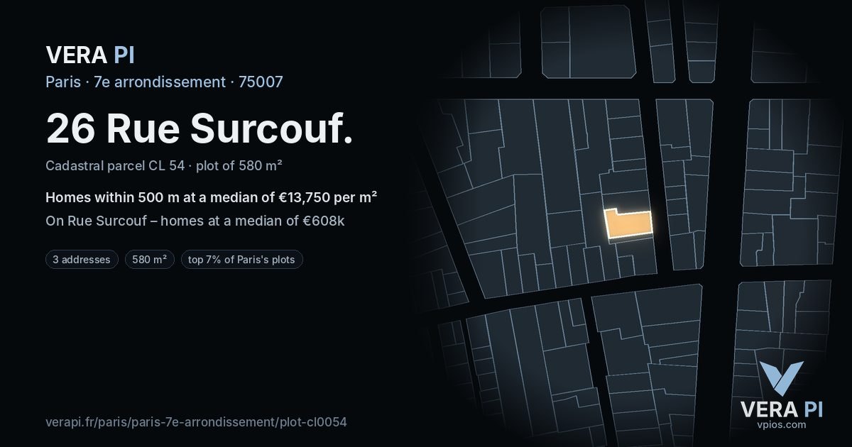 26 Rue Surcouf, 7e arrondissement at night – the plot lit, the parcels around coloured by the prices near them