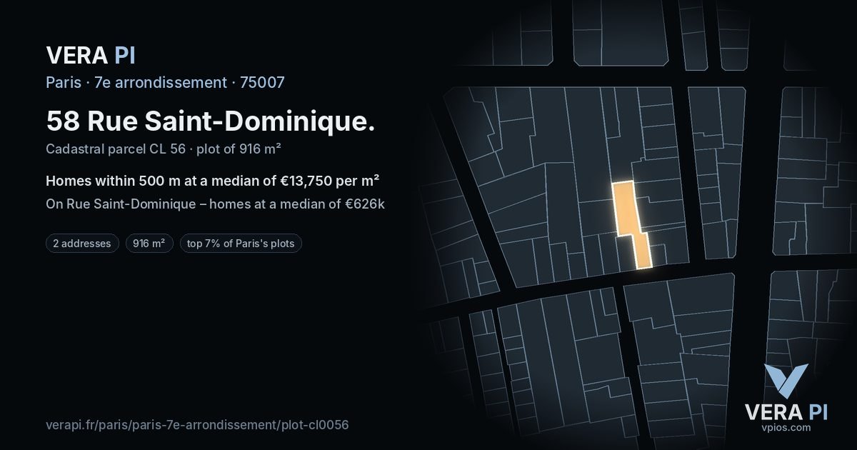 58 Rue Saint-Dominique, 7e arrondissement at night – the plot lit, the parcels around coloured by the prices near them