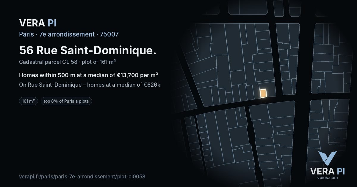 56 Rue Saint-Dominique, 7e arrondissement at night – the plot lit, the parcels around coloured by the prices near them