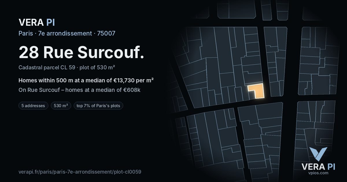 28 Rue Surcouf, 7e arrondissement at night – the plot lit, the parcels around coloured by the prices near them