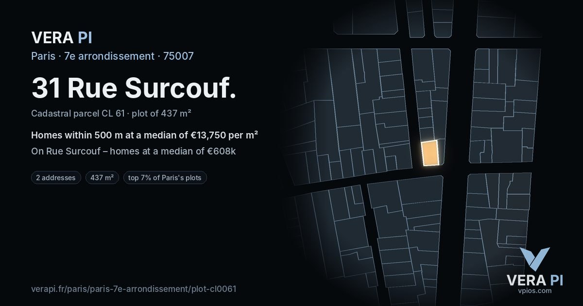 31 Rue Surcouf, 7e arrondissement at night – the plot lit, the parcels around coloured by the prices near them
