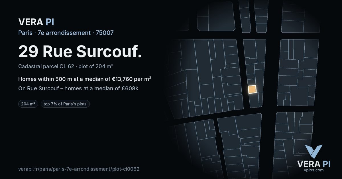 29 Rue Surcouf, 7e arrondissement at night – the plot lit, the parcels around coloured by the prices near them