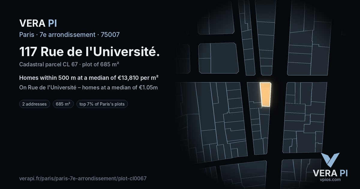 117 Rue de l'Université, 7e arrondissement at night – the plot lit, the parcels around coloured by the prices near them