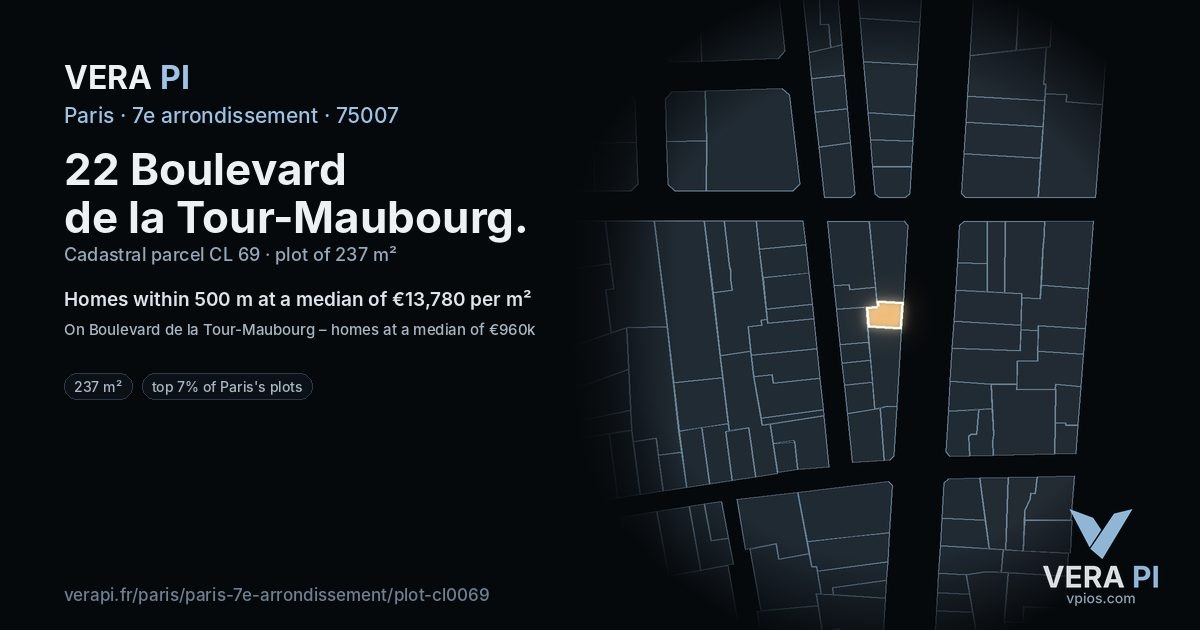 22 Boulevard de la Tour-Maubourg, 7e arrondissement at night – the plot lit, the parcels around coloured by the prices near them