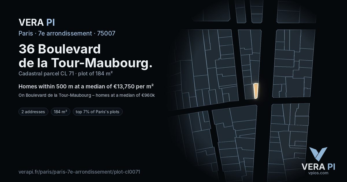 36 Boulevard de la Tour-Maubourg, 7e arrondissement at night – the plot lit, the parcels around coloured by the prices near them