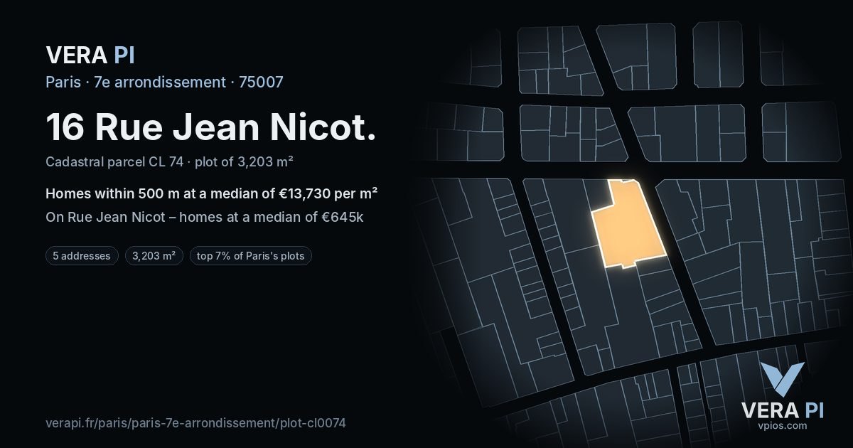 16 Rue Jean Nicot, 7e arrondissement at night – the plot lit, the parcels around coloured by the prices near them