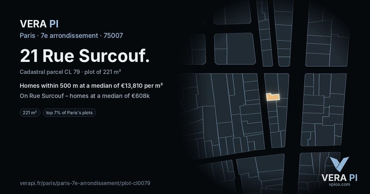 21 Rue Surcouf, 7e arrondissement at night – the plot lit, the parcels around coloured by the prices near them