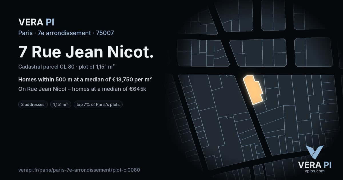 7 Rue Jean Nicot, 7e arrondissement at night – the plot lit, the parcels around coloured by the prices near them