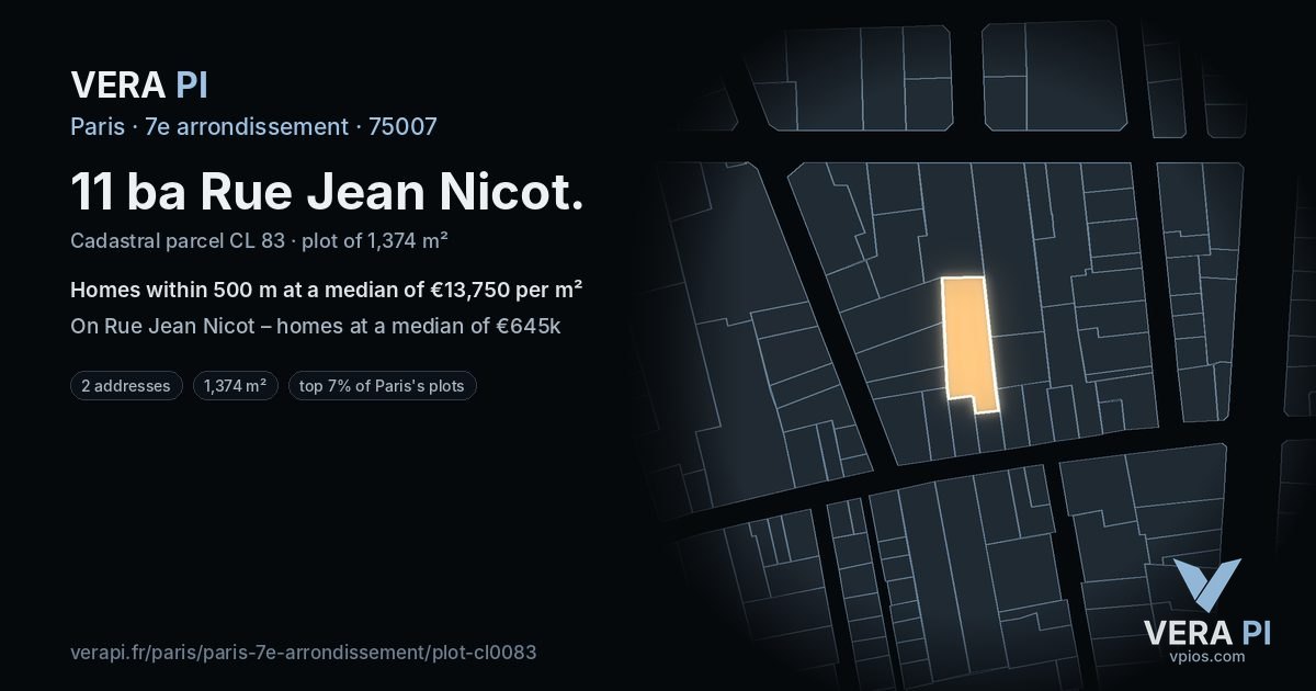 11 ba Rue Jean Nicot, 7e arrondissement at night – the plot lit, the parcels around coloured by the prices near them