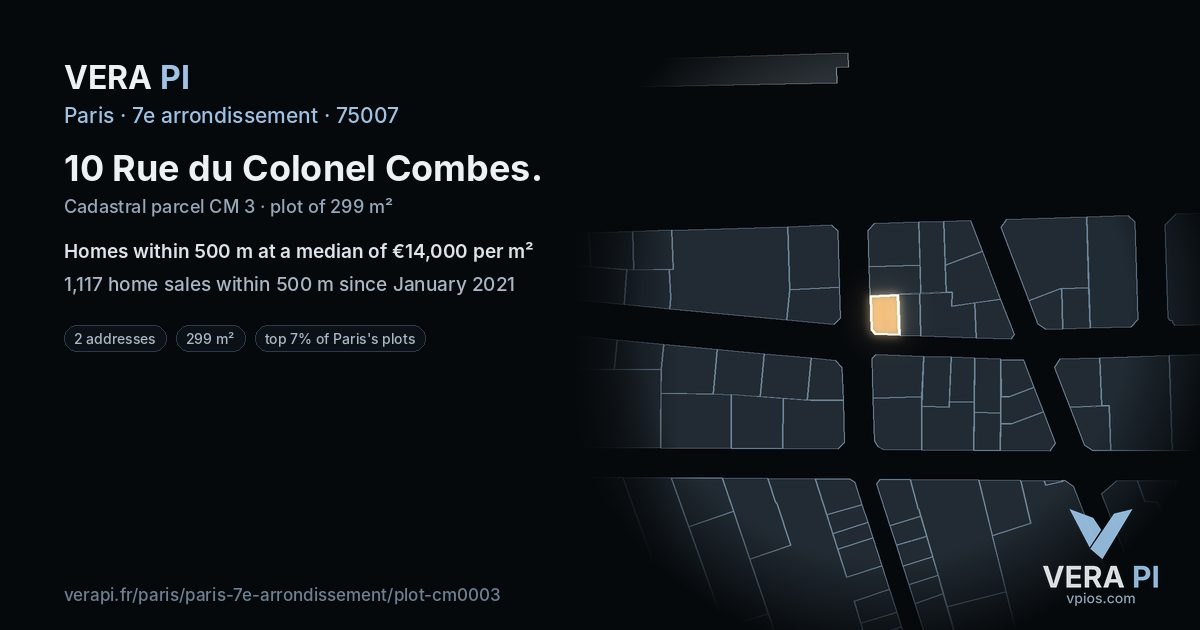 10 Rue du Colonel Combes, 7e arrondissement at night – the plot lit, the parcels around coloured by the prices near them
