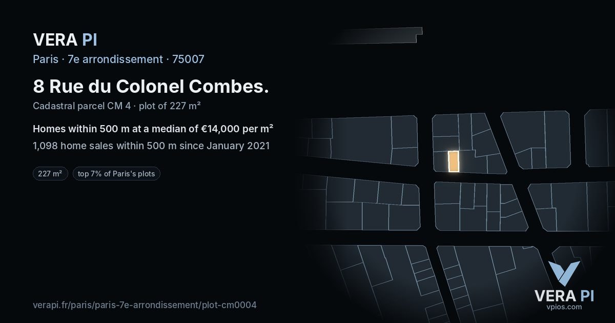 8 Rue du Colonel Combes, 7e arrondissement at night – the plot lit, the parcels around coloured by the prices near them