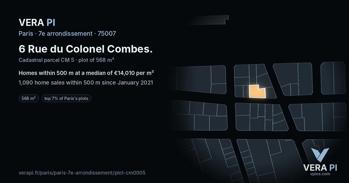 6 Rue du Colonel Combes, 7e arrondissement at night – the plot lit, the parcels around coloured by the prices near them