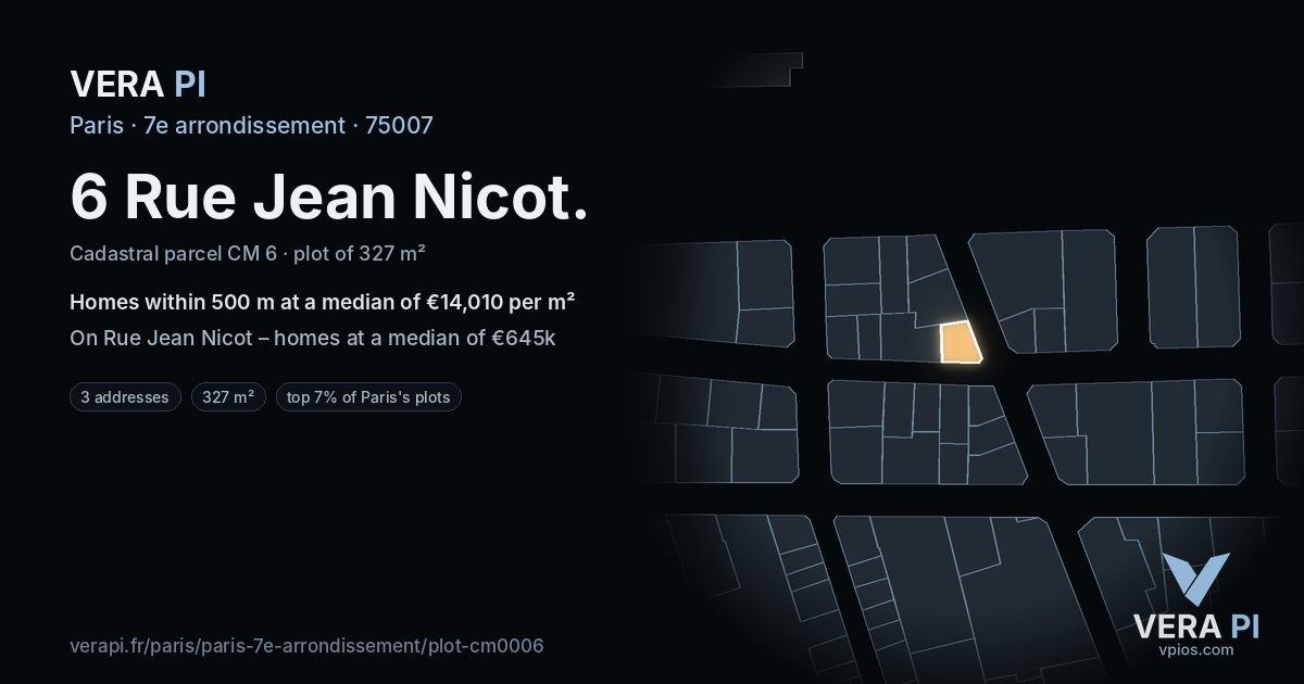 6 Rue Jean Nicot, 7e arrondissement at night – the plot lit, the parcels around coloured by the prices near them