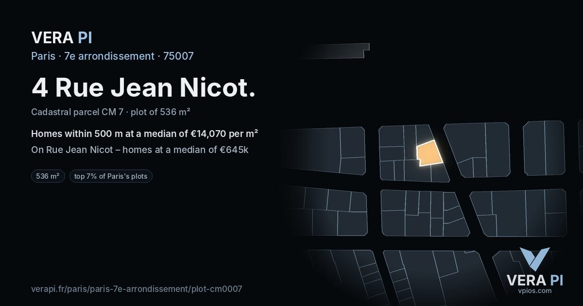 4 Rue Jean Nicot, 7e arrondissement at night – the plot lit, the parcels around coloured by the prices near them