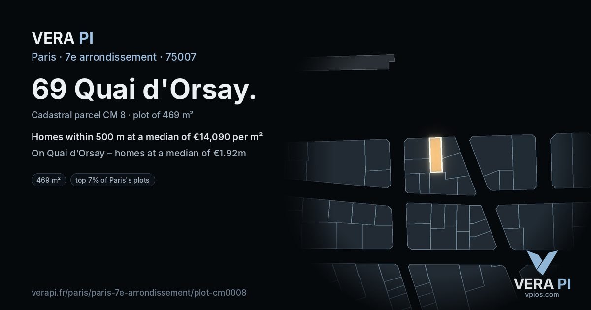 69 Quai d'Orsay, 7e arrondissement at night – the plot lit, the parcels around coloured by the prices near them