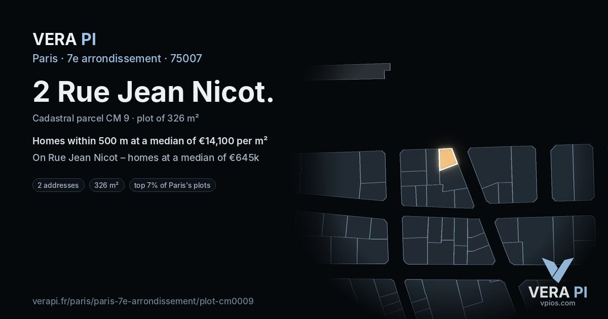 2 Rue Jean Nicot, 7e arrondissement at night – the plot lit, the parcels around coloured by the prices near them