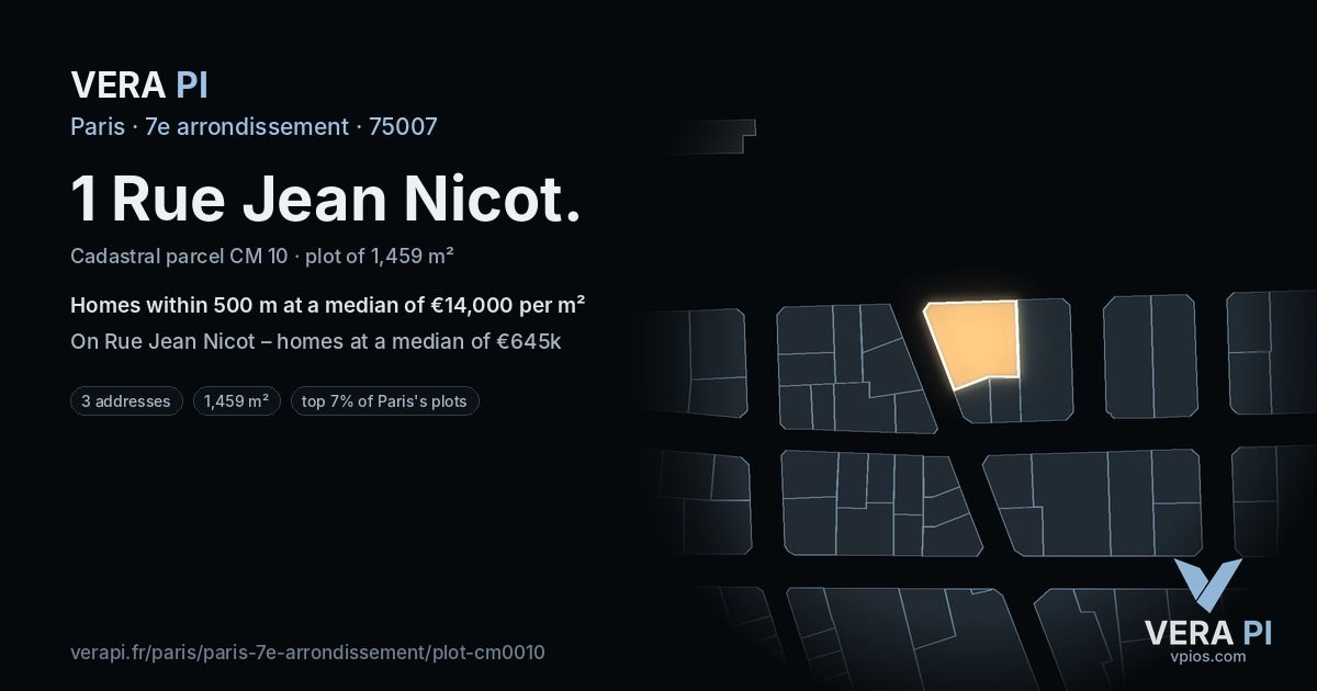 1 Rue Jean Nicot, 7e arrondissement at night – the plot lit, the parcels around coloured by the prices near them