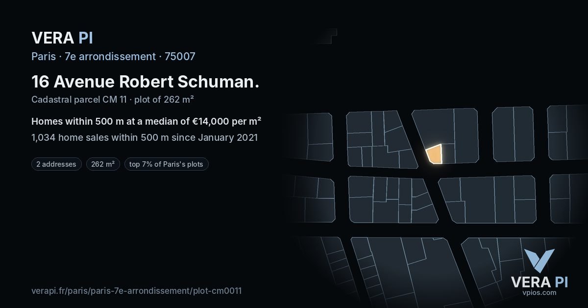 16 Avenue Robert Schuman, 7e arrondissement at night – the plot lit, the parcels around coloured by the prices near them