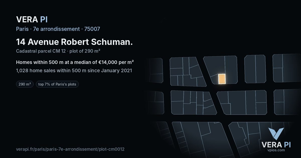14 Avenue Robert Schuman, 7e arrondissement at night – the plot lit, the parcels around coloured by the prices near them