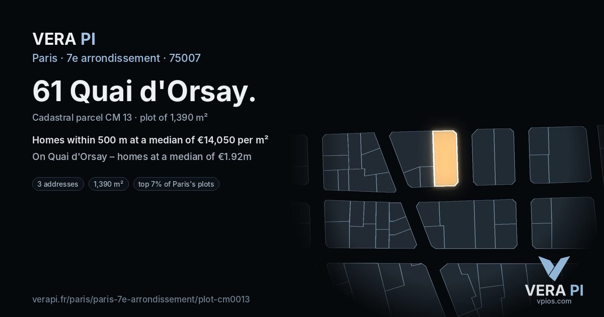 61 Quai d'Orsay, 7e arrondissement at night – the plot lit, the parcels around coloured by the prices near them