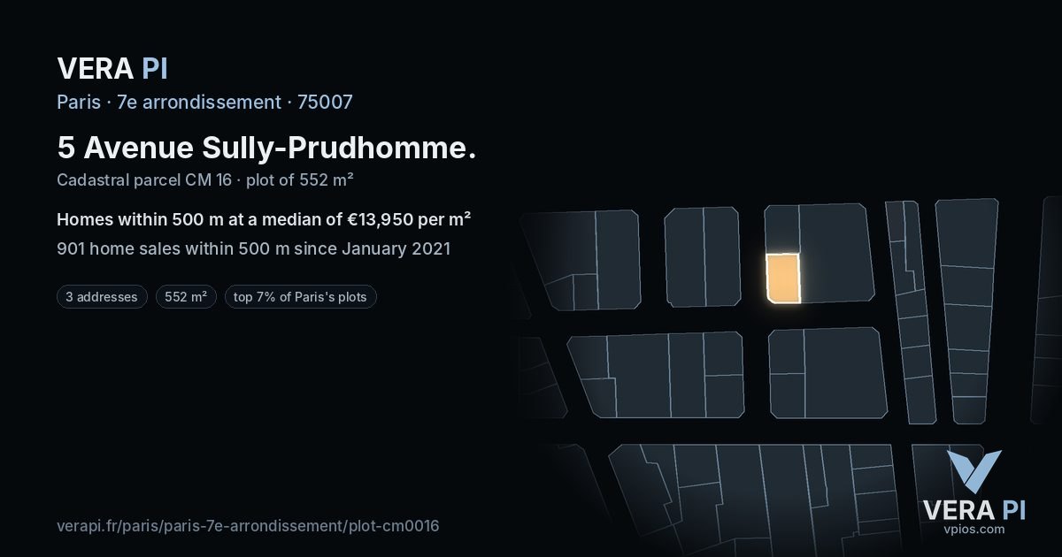 5 Avenue Sully-Prudhomme, 7e arrondissement at night – the plot lit, the parcels around coloured by the prices near them