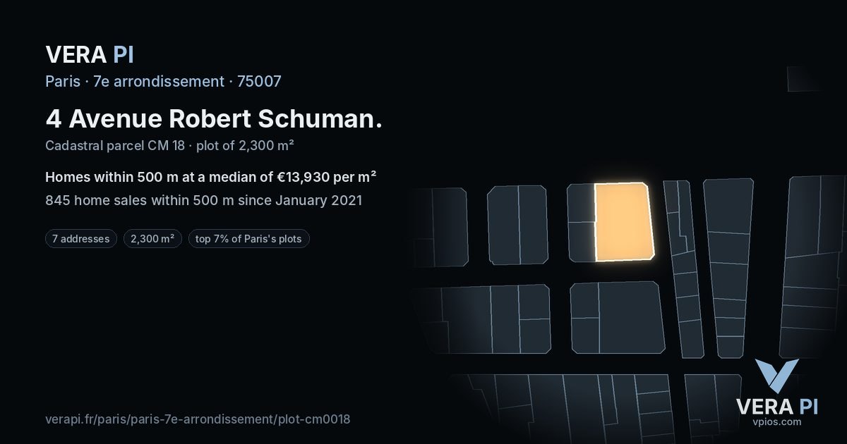 4 Avenue Robert Schuman, 7e arrondissement at night – the plot lit, the parcels around coloured by the prices near them