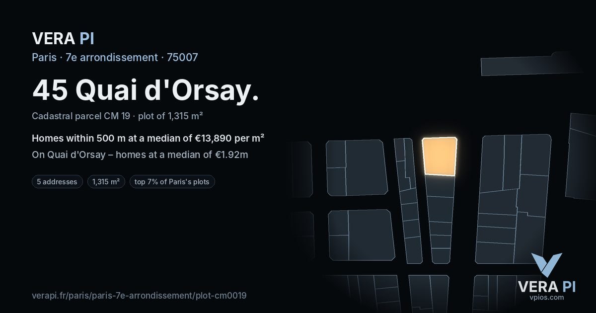 45 Quai d'Orsay, 7e arrondissement at night – the plot lit, the parcels around coloured by the prices near them