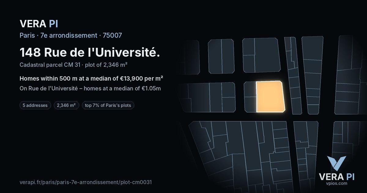 148 Rue de l'Université, 7e arrondissement at night – the plot lit, the parcels around coloured by the prices near them