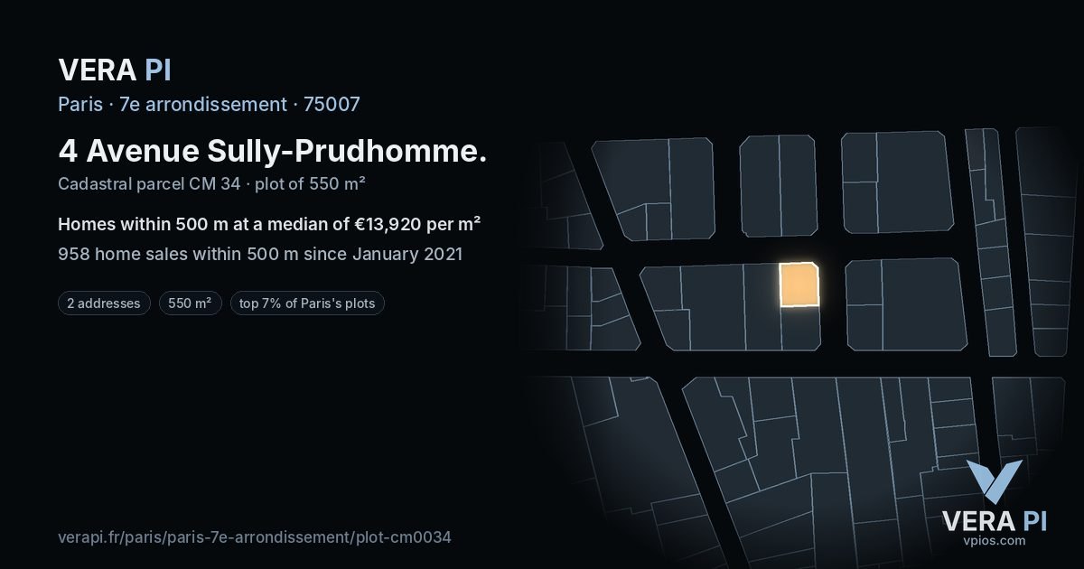 4 Avenue Sully-Prudhomme, 7e arrondissement at night – the plot lit, the parcels around coloured by the prices near them