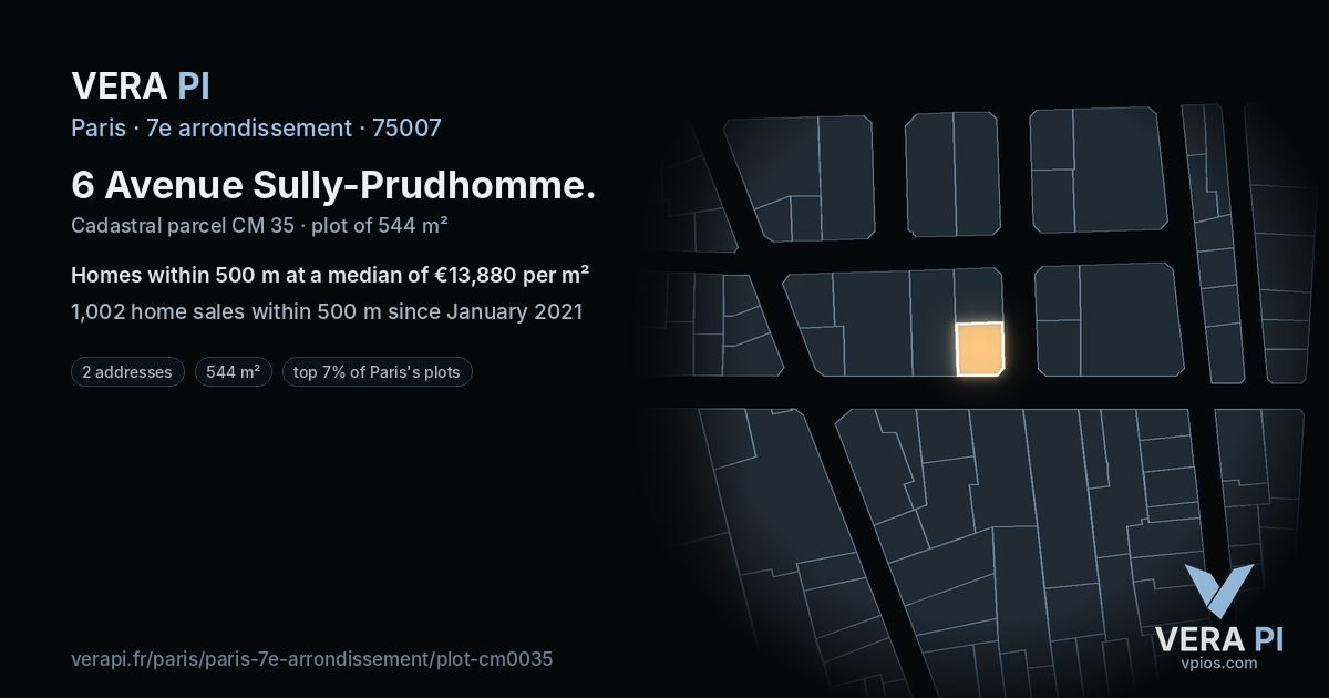 6 Avenue Sully-Prudhomme, 7e arrondissement at night – the plot lit, the parcels around coloured by the prices near them