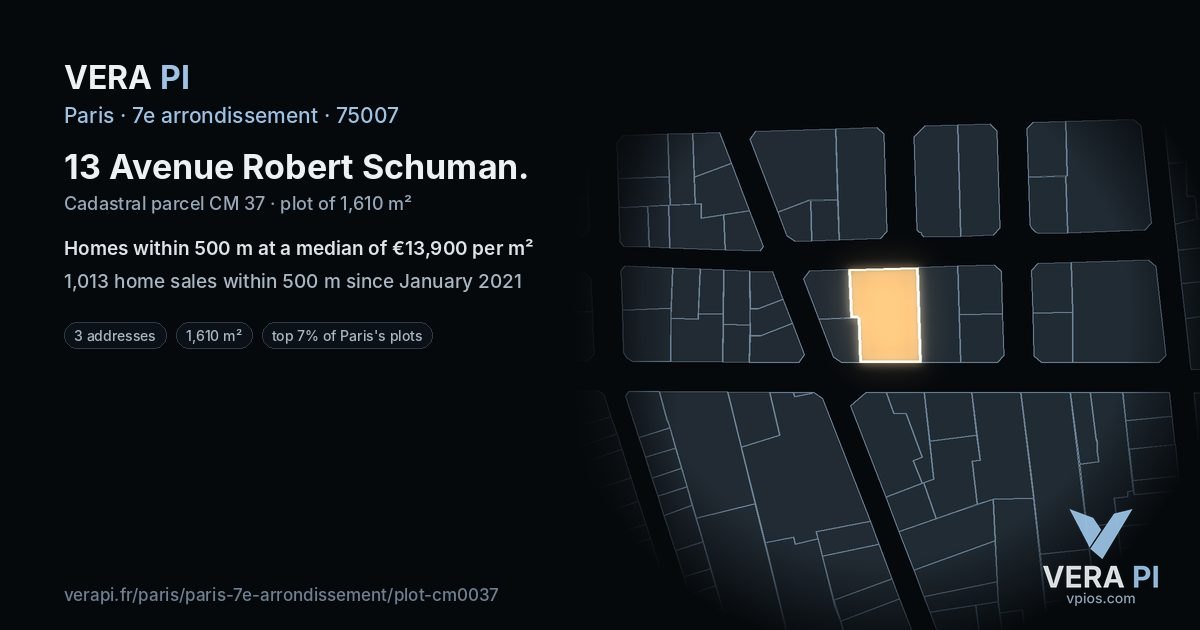13 Avenue Robert Schuman, 7e arrondissement at night – the plot lit, the parcels around coloured by the prices near them