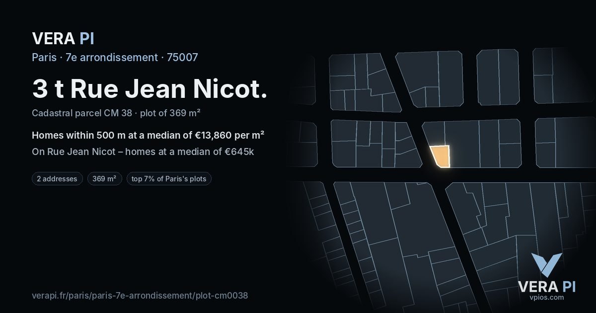 3 t Rue Jean Nicot, 7e arrondissement at night – the plot lit, the parcels around coloured by the prices near them