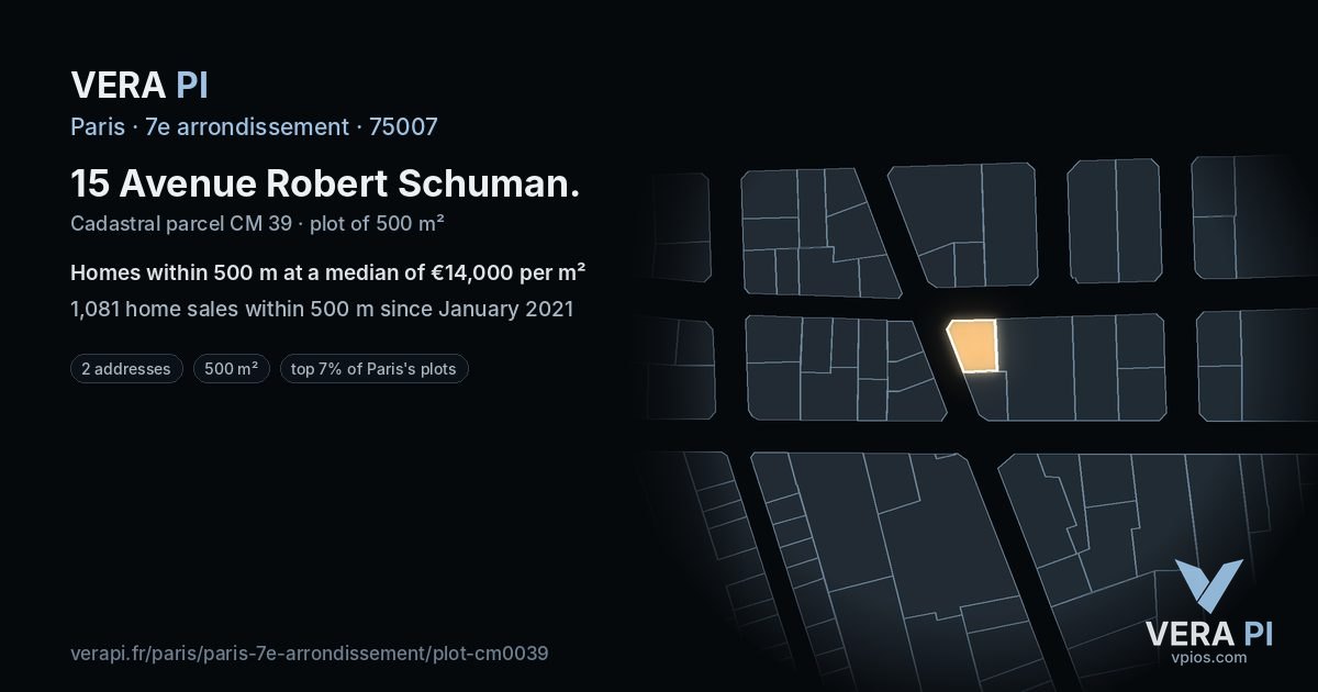 15 Avenue Robert Schuman, 7e arrondissement at night – the plot lit, the parcels around coloured by the prices near them