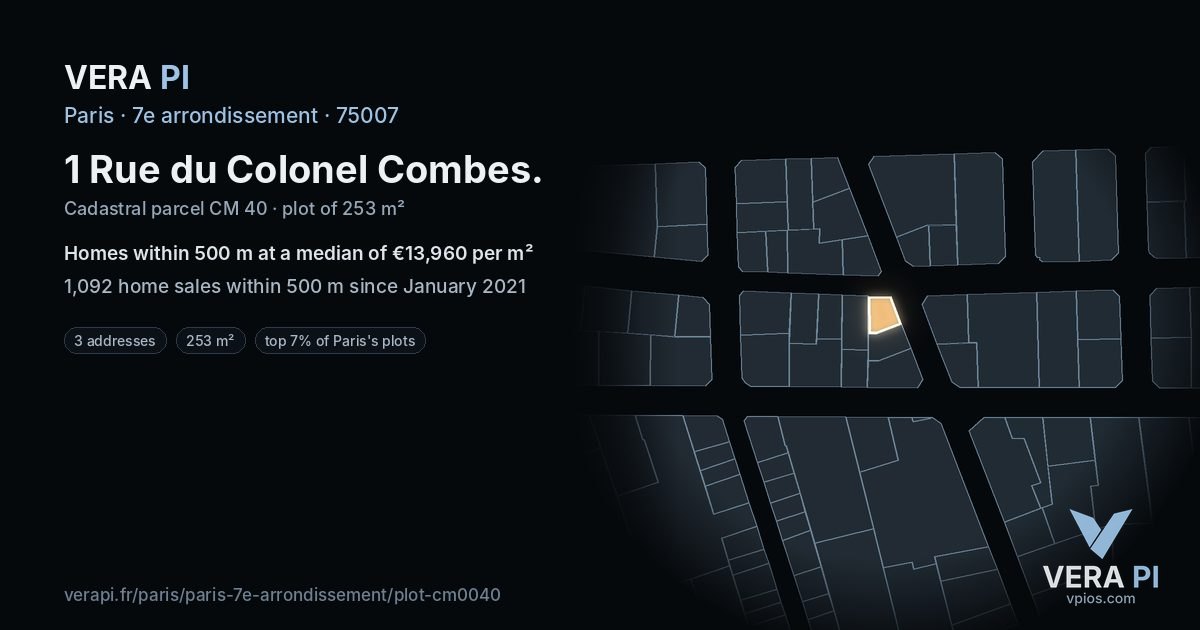 1 Rue du Colonel Combes, 7e arrondissement at night – the plot lit, the parcels around coloured by the prices near them