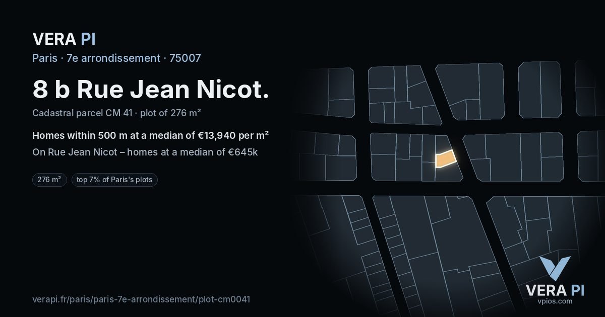 8 b Rue Jean Nicot, 7e arrondissement at night – the plot lit, the parcels around coloured by the prices near them