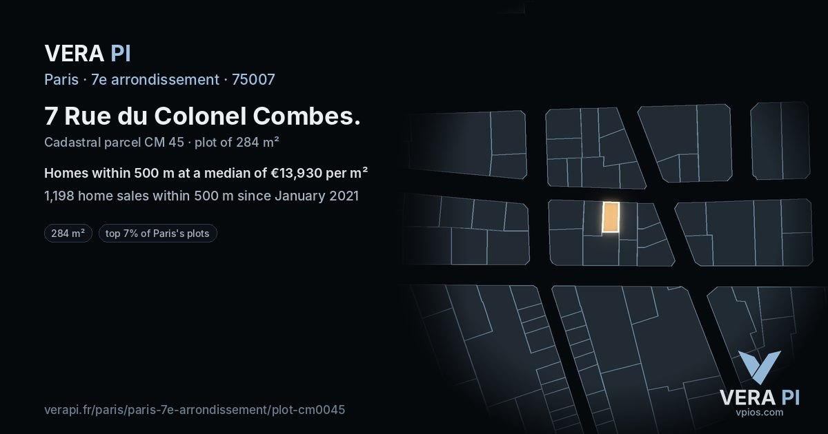 7 Rue du Colonel Combes, 7e arrondissement at night – the plot lit, the parcels around coloured by the prices near them