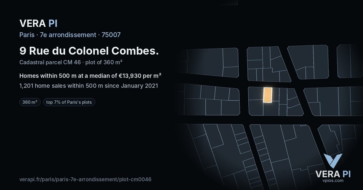 9 Rue du Colonel Combes, 7e arrondissement at night – the plot lit, the parcels around coloured by the prices near them