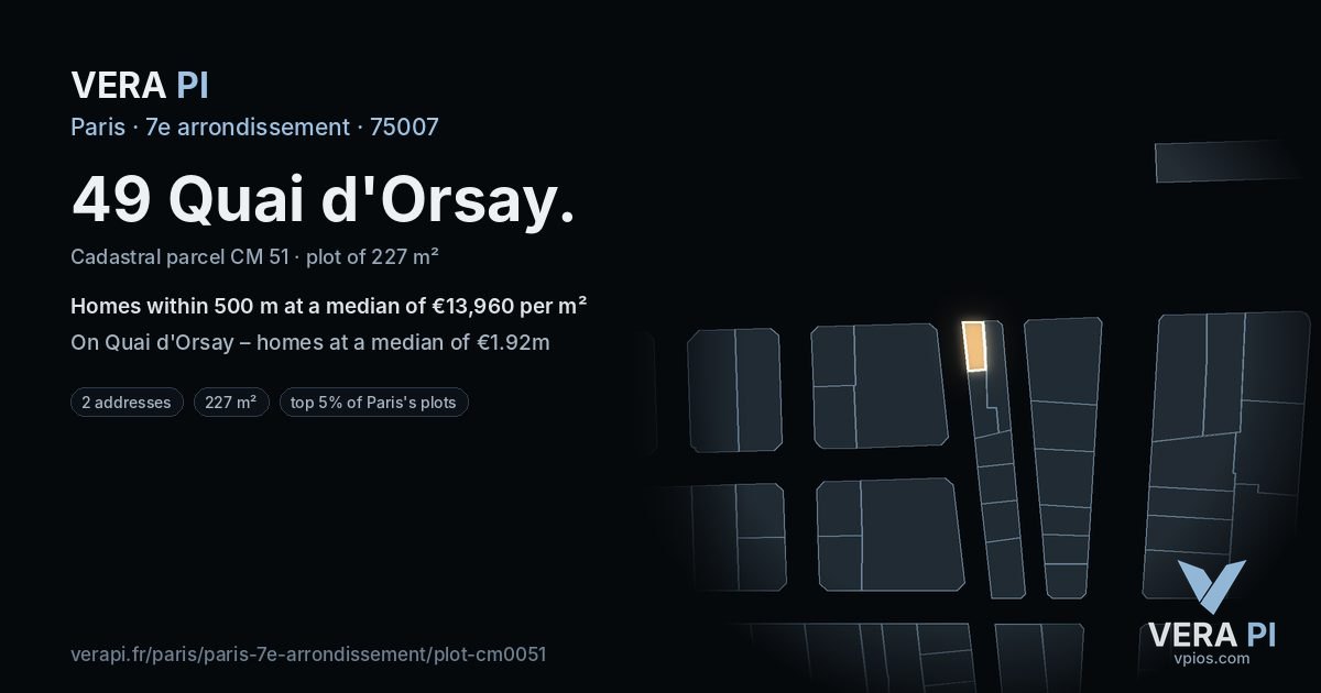 49 Quai d'Orsay, 7e arrondissement at night – the plot lit, the parcels around coloured by the prices near them