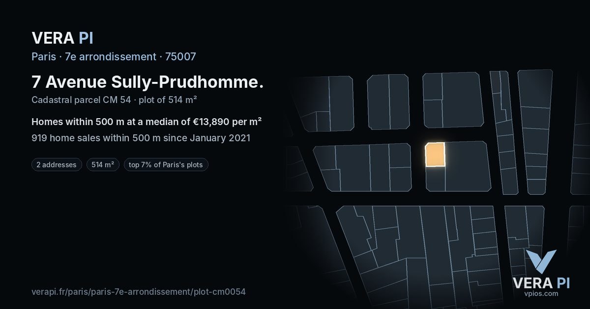 7 Avenue Sully-Prudhomme, 7e arrondissement at night – the plot lit, the parcels around coloured by the prices near them