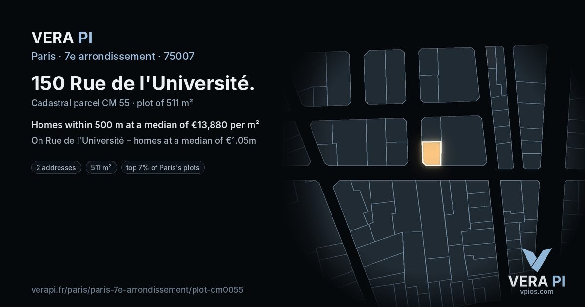 150 Rue de l'Université, 7e arrondissement at night – the plot lit, the parcels around coloured by the prices near them