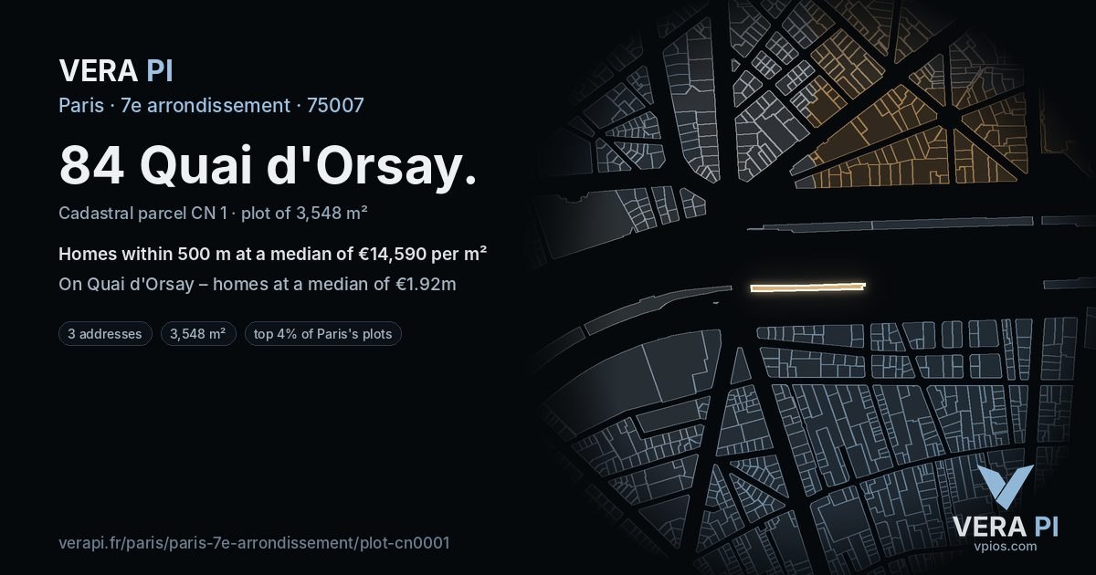 84 Quai d'Orsay, 7e arrondissement at night – the plot lit, the parcels around coloured by the prices near them