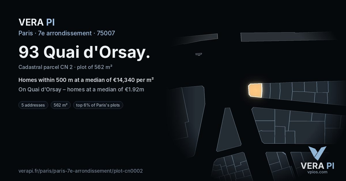 93 Quai d'Orsay, 7e arrondissement at night – the plot lit, the parcels around coloured by the prices near them