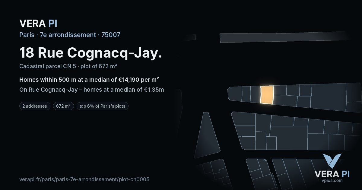 18 Rue Cognacq-Jay, 7e arrondissement at night – the plot lit, the parcels around coloured by the prices near them