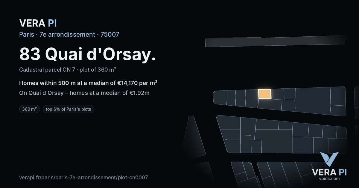 83 Quai d'Orsay, 7e arrondissement at night – the plot lit, the parcels around coloured by the prices near them