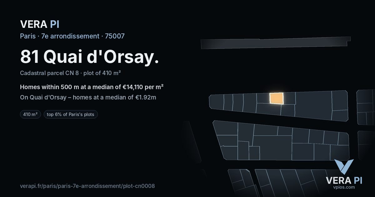 81 Quai d'Orsay, 7e arrondissement at night – the plot lit, the parcels around coloured by the prices near them