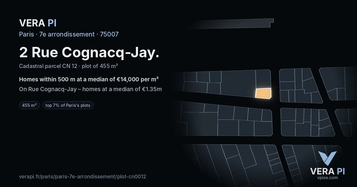 2 Rue Cognacq-Jay, 7e arrondissement at night – the plot lit, the parcels around coloured by the prices near them